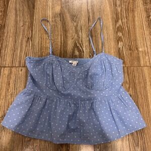 American Eagle Womens Top L Blue White Polka Dot Ruffled Babydoll NEW